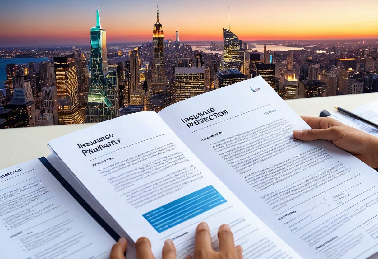 An open booklet displaying various insurance policy documents with highlighted sections on risk management and financial protection. Surrounding it, a diverse group of people engaging in discussion, symbolizing collaboration and understanding. A backdrop of a city skyline representing stability and security. Elegant typography overlaying the image. vibrant colors. realistic style. soft focus.
