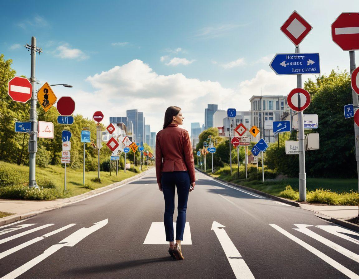 A confident individual standing at a crossroads with multiple road signs pointing towards different insurance options like 'Health', 'Auto', 'Home', and 'Life'. In the background, diverse cityscapes blending technology and nature symbolizes the importance of coverage in modern life. The scene should evoke a sense of empowerment and clarity in decision-making. Bright, inviting colors to suggest optimism. super-realistic. vibrant colors.